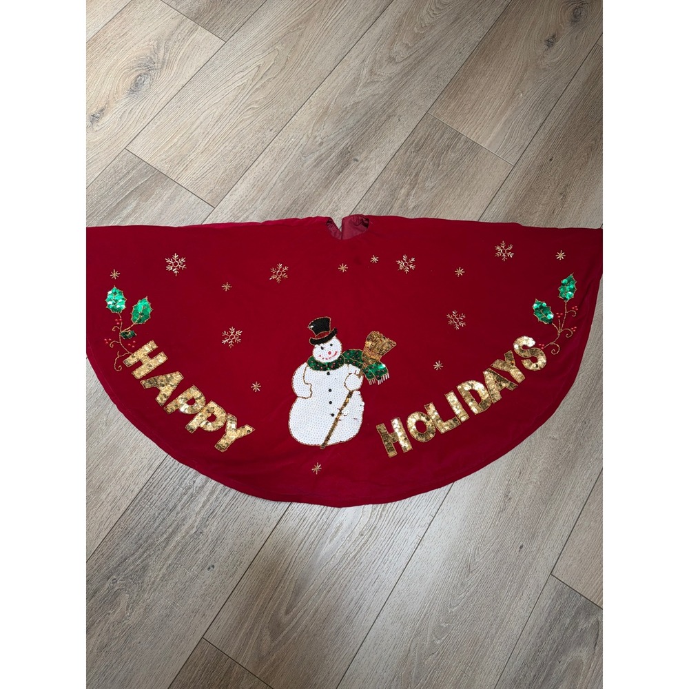 World Bazaars Red Velvet Christmas Tree Skirt Sequin Snowman Happy Holidays Gold